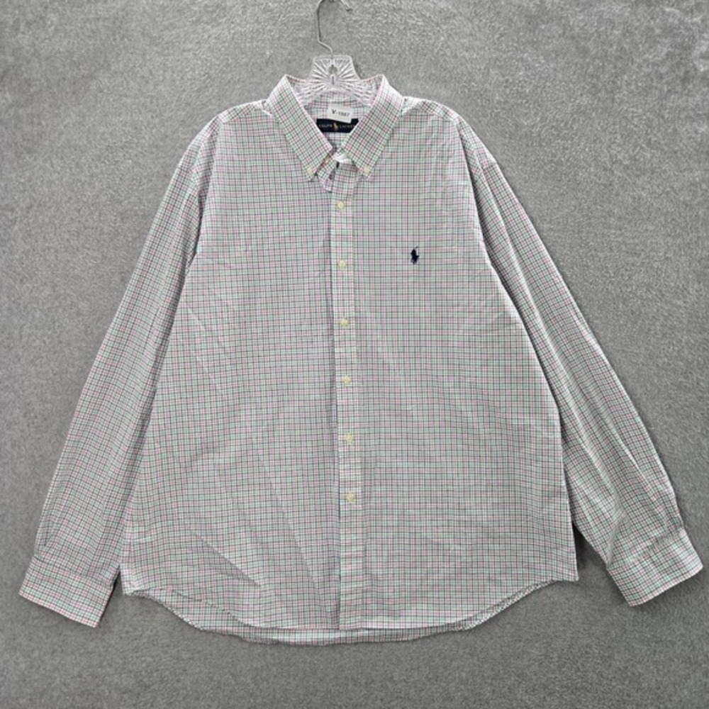 Ralph Lauren Men Button Up Shirt 2XL White Grid Check Plaid Long Sleeve
